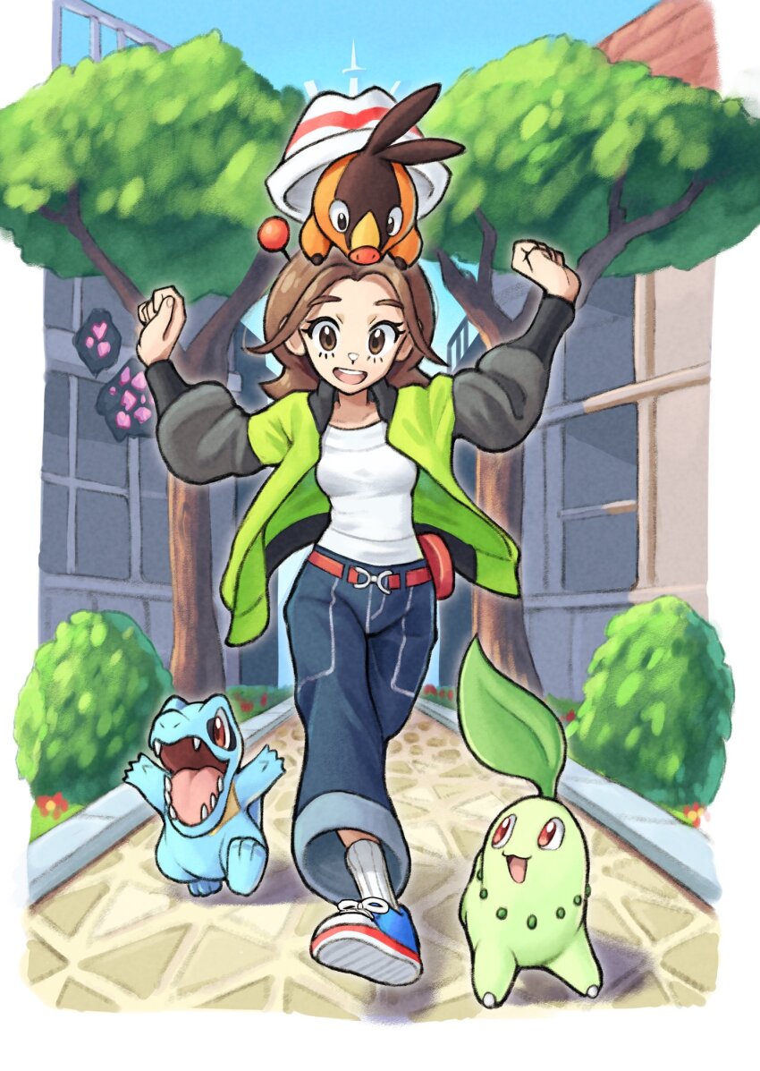 1girl bell-bottoms belt blue_sky breasts brown_eyes brown_hair chikorita commentary fangs gen_2_pokemon gen_5_pokemon green_jacket grimmelsdathird harmony_(pokemon) hat highres jacket leaf long_sleeves lumiose_city nintendo on_head open_clothes open_jacket open_mouth outdoors pants pokemon pokemon_(creature) pokemon_legends:_z-a pokemon_on_head prism_tower red_eyes ribbed_socks sharp_teeth shirt shoes short_hair sky smile socks starter_pokemon_trio striped_hat symbol-only_commentary teeth tepig totodile tree white_hat white_shirt