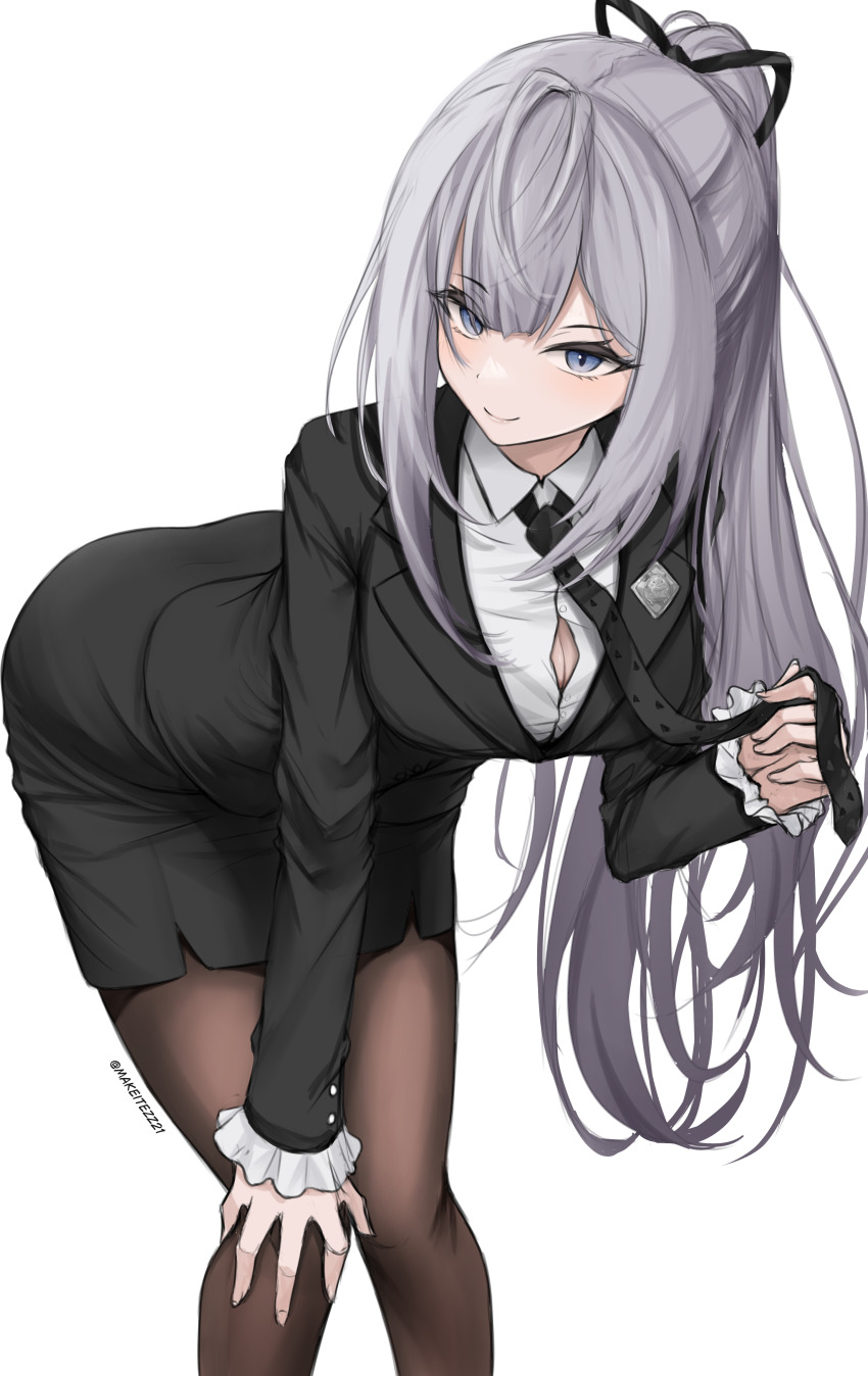 1girl absurdres badge black_necktie black_pantyhose black_suit blue_eyes blunt_bangs breasts business_suit button_gap collared_shirt commentary eyelashes fine_fabric_emphasis formal_clothes grey_hair hair_ribbon hand_on_own_knee high_ponytail highres holding_necktie hololive hololive_indonesia jacket lapels leaning_forward light_smile long_sleeves looking_at_viewer makeitezz21 medium_breasts necktie notched_lapels office_lady official_alternate_costume official_alternate_hairstyle pantyhose pencil_skirt ponytail ribbon shirt sidelocks simple_background skirt skirt_suit solo suit suit_jacket twitter_username vestia_zeta vestia_zeta_(businesswoman) virtual_youtuber white_background white_shirt