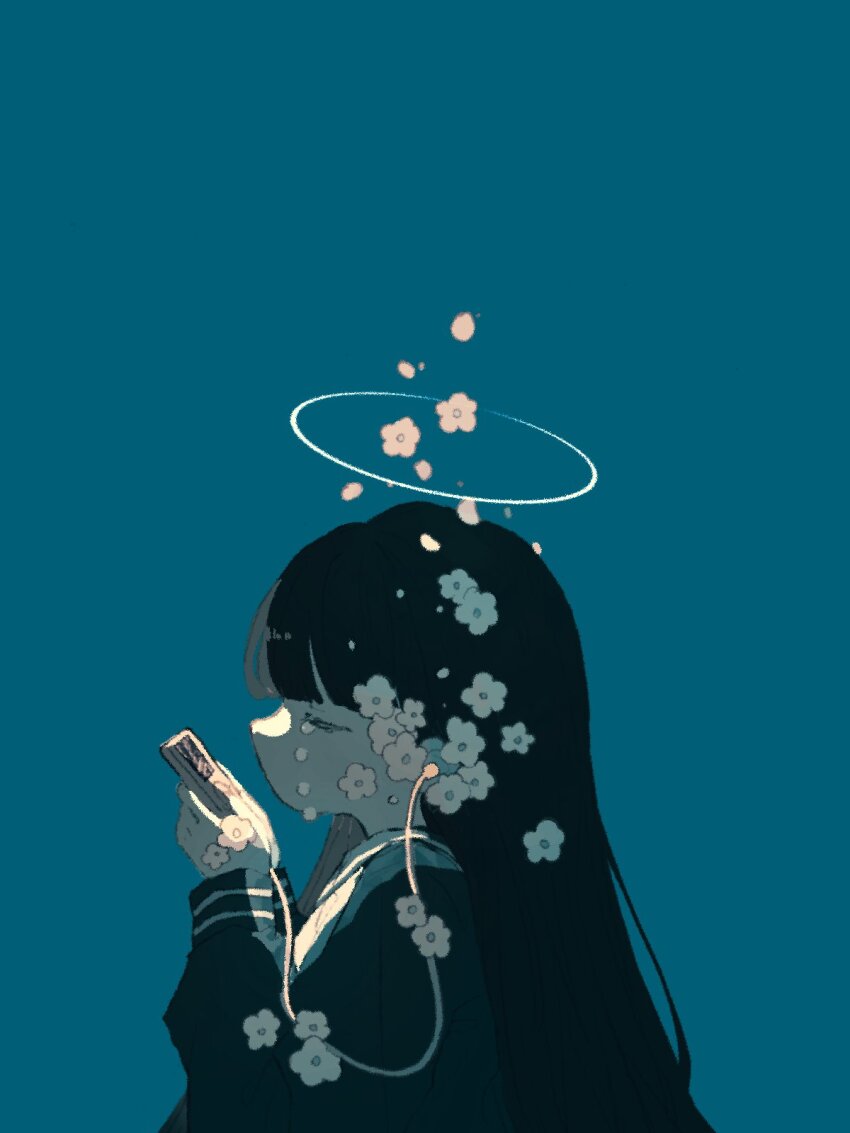 1girl black_hair blue_background closed_eyes crying digital_media_player earphones eyelashes falling_petals flower halo highres holding ipod lilium_susan long_hair long_sleeves original petals pink_flower profile school_uniform simple_background solo white_flower white_halo
