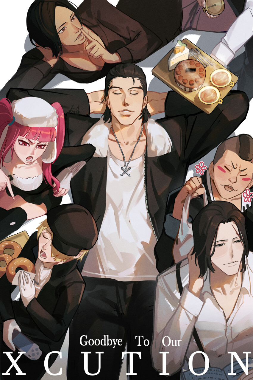 2girls 4boys absurdres arms_behind_head black_dress black_eyes black_hair black_hat black_jacket black_pants black_thighhighs bleach blonde_hair blunt_bangs blush blush_stickers breasts cake cake_slice cleavage closed_eyes collarbone collared_shirt commentary cowboy_shot cross_pendant dark-skinned_female dark_skin dokugamine_riruka donut downblouse dress english_commentary english_text eyebrows_hidden_by_hair facing_viewer finger_to_mouth food from_above frown ginjou_kuugo gloves hand_up handheld_game_console hat highres holding holding_donut holding_food holding_handheld_game_console index_finger_raised jacket jackie_tristan jewelry large_breasts lehmann lips long_hair long_sleeves looking_at_another looking_to_the_side lying medium_hair multiple_boys multiple_girls on_back on_side open_clothes open_jacket open_mouth pants parted_bangs peaked_cap pendant red_eyes red_hair scar scar_on_face shirt shishigawara_moe short_dress short_hair simple_background sitting solo_focus straight_hair suspenders thighhighs tsukishima_shuukurou tsurime twintails upper_body v-shaped_eyebrows white_background white_gloves white_hat white_shirt yukio_hans_vorarlberna zettai_ryouiki