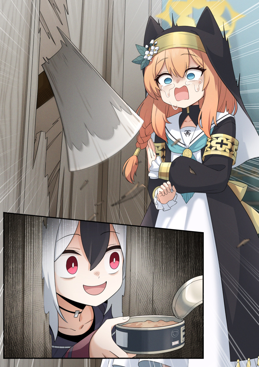 2girls absurdres animal_ear_headwear axe black_hair black_headwear black_hoodie blue_archive blue_eyes can coif collarbone crazy_smile crying crying_with_eyes_open emphasis_lines fake_animal_ears flower golmonggu grey_hair habit hair_between_eyes halo hat hat_flower here&#039;s_johnny!_(meme) highres hood hoodie kayoko_(blue_archive) korean_commentary long_hair long_sleeves mari_(blue_archive) meme multicolored_hair multiple_girls nun open_mouth orange_hair parody pet_food puffy_long_sleeves puffy_sleeves red_eyes smile tears the_shining white_flower yellow_halo