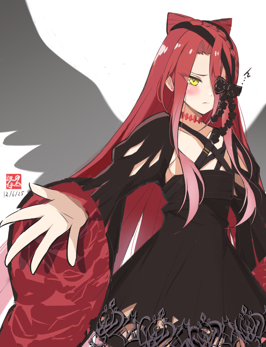 1girl absurdres black_bandages black_bonnet black_butterfly black_dress black_shrug blush bonnet braid breasts bug butterfly choker dated dress fate/grand_order fate_(series) full_body gradient_nails highres horn-shaped_hair insect leg_ribbon long_hair long_sleeves looking_at_viewer one_eye_covered outstretched_arms outstretched_hand puff_and_slash_sleeves puffy_sleeves reaching reaching_towards_viewer red_hair ribbon shadow shrug_(clothing) signature simple_background small_breasts solo spread_fingers standing tetsu_no_samurai twitter_username typhon_ephemeros_(fate) typhon_ephemeros_(second_ascension)_(fate) very_long_hair white_background wide_sleeves yellow_eyes