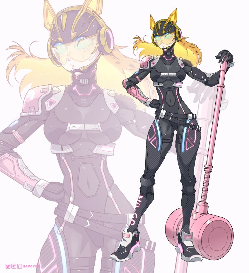 1girl adapted_costume animal_ears armed_hammer armor belt black_bodysuit blonde_hair blue_eyes bodysuit breasts cat_ears cleavage hammer hand_on_own_hip hand_on_weapon highres huge_weapon kamen_rider kamen_rider_geats_(series) kamen_rider_na-go medium_breasts navel neon_trim pink_armor pixiv_logo redesign shoes sneakers tongzhen_ganfan twitter_logo visor_(armor) war_hammer watermark weapon weibo_watermark white_background zoom_layer