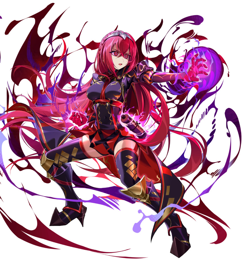 1girl aura black_cape braid breasts cape crown_braid dark_aura female_alear_(fell_dragon)_(fire_emblem) female_alear_(fire_emblem) female_alear_(red_days_past)_(fire_emblem) fire_emblem fire_emblem_engage fire_emblem_heroes gloves highres medium_breasts nintendo non-web_source red_cape red_eyes red_gloves red_hair solo thighhighs tiara two-sided_cape two-sided_fabric