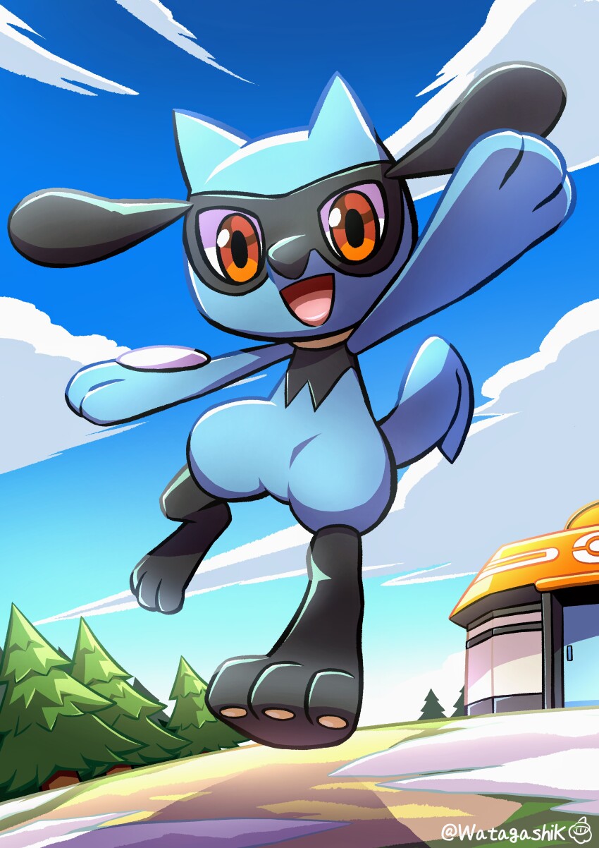 :d absurdres black_fur blue_fur blue_sky body_fur building chibikemo cloud commentary_request day full_body furry gen_4_pokemon happy highres jumping looking_at_viewer nintendo open_mouth outdoors partial_commentary poke_ball_symbol pokemon pokemon_(creature) pokemon_center pokemon_focus red_eyes riolu shadow signature sky smile solo tree twitter_username two-tone_fur watagashikn