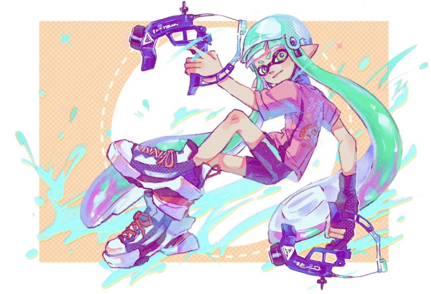 1girl aqua_hair aqua_headwear bike_shorts black_gloves black_shorts chinese_commentary closed_mouth dapple_dualies_(splatoon) full_body gloves green_eyes gucandiyi52092 helmet highres inkling inkling_girl inkling_player_character long_hair nintendo partially_fingerless_gloves pink_shirt pointy_ears shirt shoelaces shoes short_sleeves shorts single_glove single_vertical_stripe solo splatoon_(series) suction_cups tentacle_hair very_long_hair
