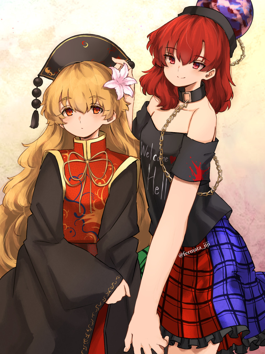 2girls absurdres bare_shoulders belt black_choker black_dress black_hat black_shirt blonde_hair blush brown_belt chain chinese_clothes choker closed_mouth clothes_writing collarbone commentary_request cowboy_shot crescent crescent_print dalachi_(headdress) dress fingernails flower frills gold_chain green_skirt hair_flower hair_ornament hand_up hat heart heart_print hecatia_lapislazuli highres junko_(touhou) long_hair long_sleeves looking_at_another mandarin_collar medium_hair multicolored_skirt multiple_girls neck_ribbon neold off-shoulder_shirt off_shoulder phoenix_print pink_flower plaid_clothes plaid_skirt pom_pom_(clothes) purple_skirt red_eyes red_hair red_skirt red_tabard ribbon shirt short_sleeves sitting skirt smile standing t-shirt tabard tassel touhou twitter_username underworld_(ornament) wavy_hair wide_sleeves yellow_ribbon