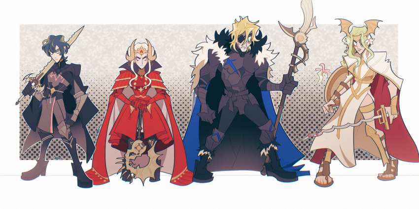 2boys 2girls angry areadbhar_(fire_emblem) armor armored_bodysuit armored_boots armored_legwear axe aymr_(fire_emblem) batting_stance black_coat black_suit blue_cape blue_eyes bodysuit boots cape clenched_teeth coat commentary curly_hair dimitri_alexandre_blaiddyd dimitri_alexandre_blaiddyd_(timeskip) double_bun dress edelgard_von_hresvelg edelgard_von_hresvelg_(timeskip) english_commentary eyepatch fake_head_wings fake_horns fake_wings fire_emblem fire_emblem:_three_houses flower formal_clothes fur-trimmed_cape fur_trim gold_armor gradient_background green_eyes green_hair hair_between_eyes hair_bun hair_flower hair_ornament hair_over_one_eye hair_up headpiece highres holding holding_axe holding_polearm holding_shield holding_sword holding_weapon horns long_hair long_sleeves looking_to_the_side male_byleth_(fire_emblem) multiple_boys multiple_girls nintendo one-eyed polearm red_cape red_dress rhea_(fire_emblem) shaded_face shield short_hair side_slit standing suit sword sword_of_the_creator t0bey teeth wavy_hair weapon white_flower white_hair wide-eyed wings