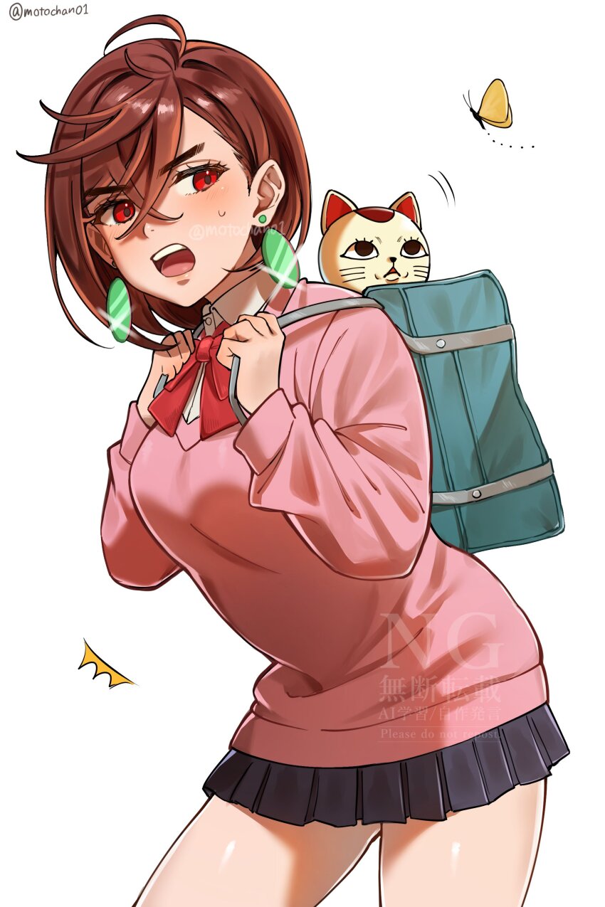 1girl absurdres ayase_momo backpack bag blue_skirt blush bow bowtie breasts brown_hair bug butterfly cat collared_shirt commentary cowboy_shot dandadan dress_shirt earrings glint hair_behind_ear hair_between_eyes highres holding_strap insect jewelry long_sleeves medium_breasts miniskirt motochan01 open_mouth pink_sweater pleated_skirt red_bow red_bowtie red_eyes school_uniform shirt short_hair simple_background skirt sweatdrop sweater teeth thick_eyebrows turbo_granny_(dandadan) twitter_username upper_teeth_only white_background white_shirt