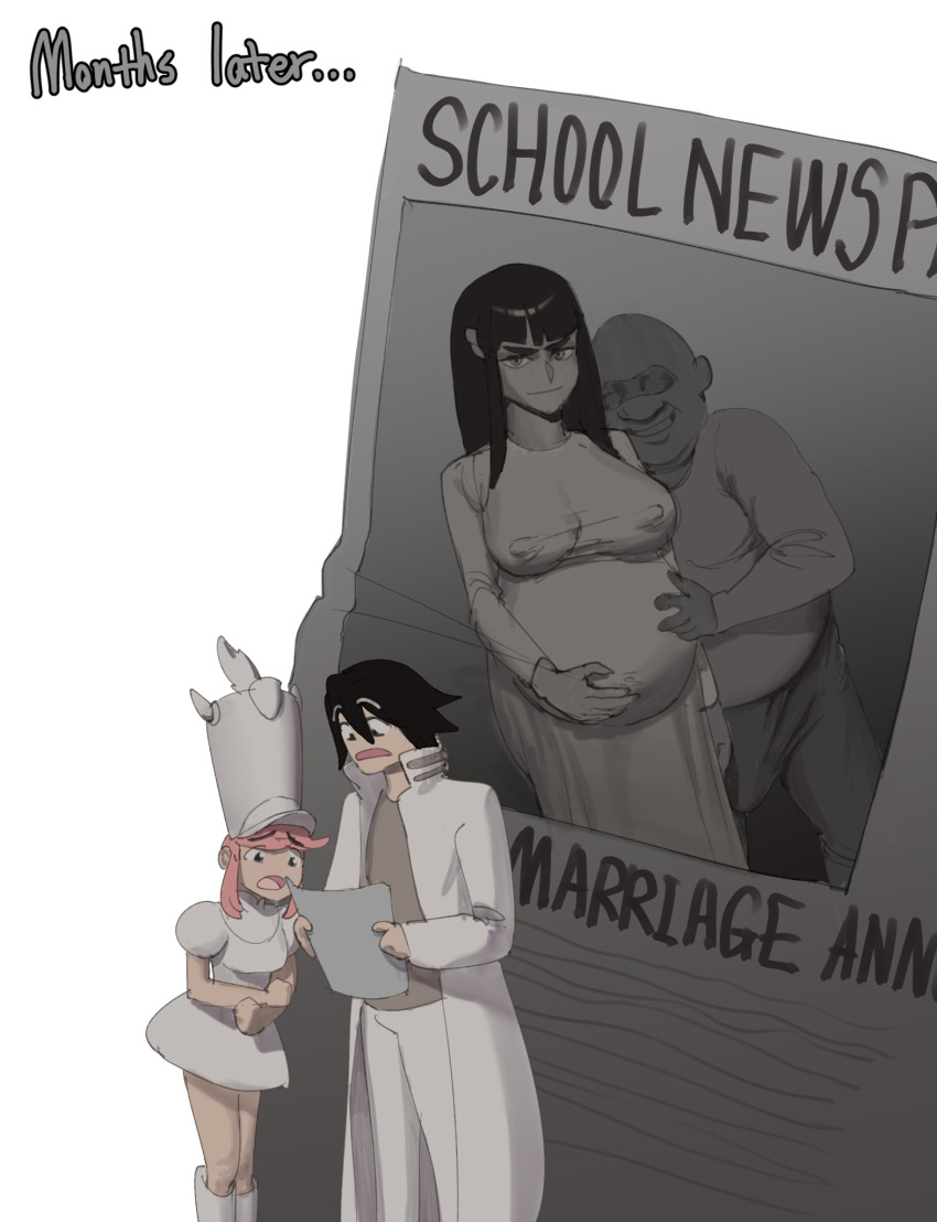 2boys 2girls big_belly black_hair breasts coat covered_erect_nipples dress english_text fat fat_man highres holding holding_paper jakuzure_nonon kill_la_kill kiryuuin_satsuki large_breasts multiple_boys multiple_girls newspaper pants paper pink_hair pregnant sanageyama_uzu surprised thick_eyebrows white_coat white_dress white_pants wjs07