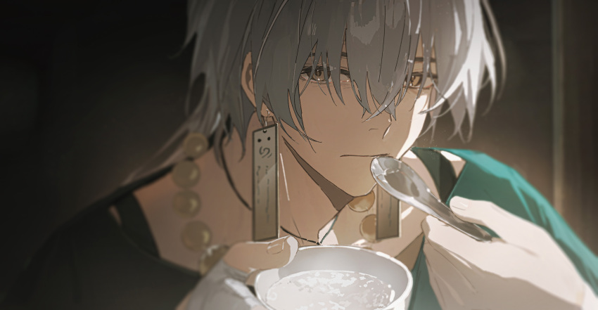 1boy absurdres bowl closed_mouth commentary_request eating geshu_lin_(wuthering_waves) green_shirt hair_between_eyes highres holding holding_bowl holding_spoon long_hair looking_at_viewer male_focus portrait rhg shirt solo spoon wuthering_waves yellow_eyes