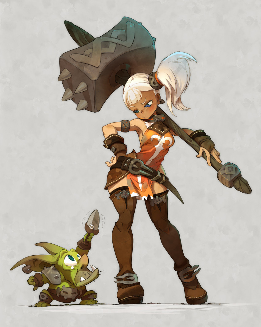 1boy 1girl absurdres armlet belt black_thighhighs blue_eyes boots breasts brown_footwear brown_gloves colored_skin commentary contrapposto dark-skinned_female dark_skin dress earrings english_commentary facial_hair fantasy fingerless_gloves full_body gloves green_skin grey_background height_difference highres holding holding_knife holding_weapon huge_weapon jewelry knife long_hair looking_down mini_person miniboy monster_boy orange_dress original over_shoulder scared side_ponytail small_breasts stubble tearing_up thigh_boots thighhighs thighhighs_under_boots trembling troll tusks war_hammer weapon weapon_over_shoulder white_hair xaxaxa