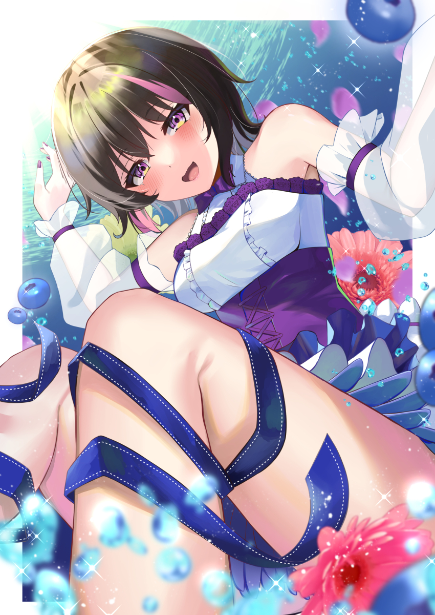 1girl :d absurdres black_hair blurry blurry_foreground blush breasts corset depth_of_field detached_sleeves flower frills highres looking_at_viewer medium_breasts multicolored_hair nail_polish nekouta ongeki open_mouth purple_eyes ribbon short_hair smile solo sparkle yuuki_riku yuuki_riku_(herbarium_fairies)_(ongeki)
