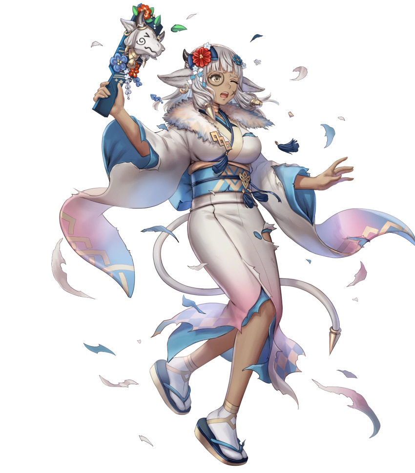 1girl anbe_yoshirou animal_ears ash_(fire_emblem) ash_(new_year)_(fire_emblem) breasts cow_ears cow_horns cow_tail dark-skinned_female dark_skin facial_mark fire_emblem fire_emblem_heroes flower full_body fur_trim gradient_background gradient_clothes hagoita hair_ornament highres holding horns japanese_clothes kimono long_hair looking_away medium_breasts nintendo non-web_source obi official_art one_eye_closed open_mouth paddle sandals sash sidelocks solo tabi tail teeth torn_clothes torn_kimono transparent_background upper_teeth_only white_hair wide_sleeves yellow_eyes zouri