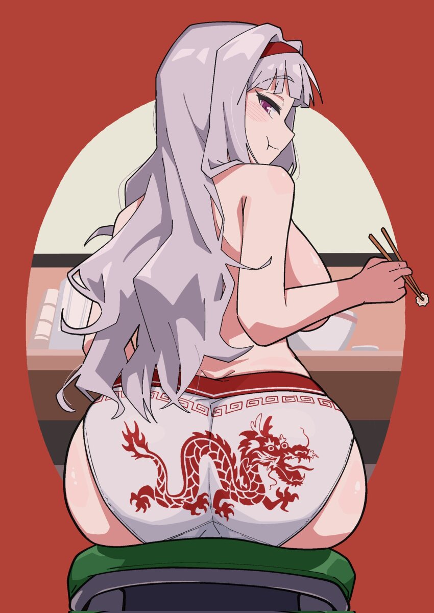 1girl :t ass back back-print_panties blush breasts chewing chopsticks closed_mouth dragon_print eating food from_behind grey_hair hairband highres holding holding_chopsticks idolmaster idolmaster_(classic) kamaboko large_breasts long_hair looking_back narutomaki ohgi910 panties print_panties purple_eyes red_background red_hairband shijou_takane sitting solo topless_female underwear underwear_only white_panties