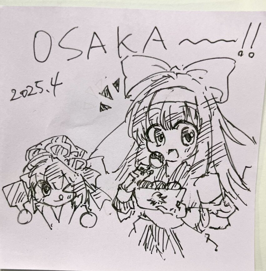 2girls ainu_clothes breasts dated eating fingerless_gloves gloves hair_ribbon highres large_breasts long_hair looking_at_viewer monochrome multiple_girls nakoruru one_eye_closed open_mouth ribbon rimururu samurai_spirits short_hair siblings sisters sketch small_breasts snk tongue traditional_media wink