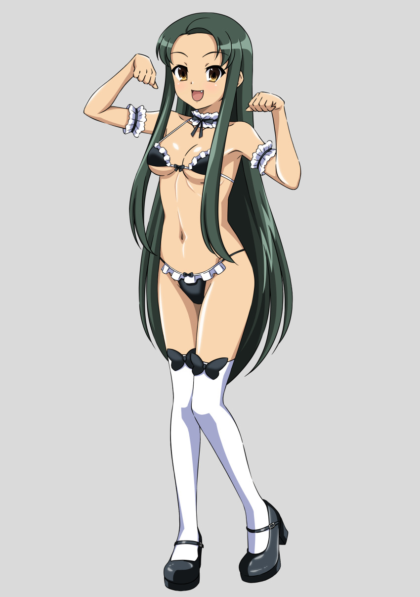 1girl :d absurdres armband bikini black_bow black_ribbon black_shoes bow bow_legwear breasts collar commentary_request fang forehead frilled_armband frilled_bikini frilled_collar frills full_body green_hair grey_background gurobeya highres long_hair looking_at_viewer medium_breasts open_mouth paw_pose ribbon shoes simple_background smile solo suzumiya_haruhi_no_yuuutsu swimsuit thighhighs tsuruya very_long_hair white_thighhighs