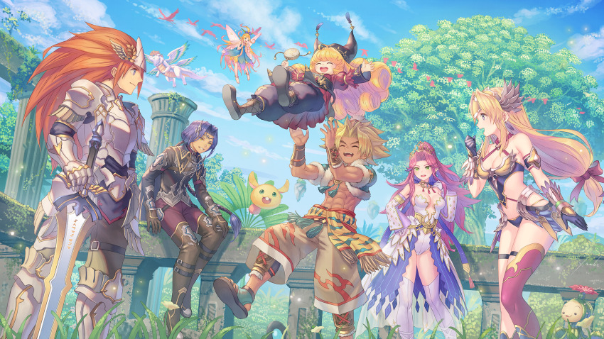 3boys 4girls abs anbe_yoshirou angela_(seiken_densetsu_3) armor asymmetrical_legwear barefoot bikini_armor bird blonde_hair blue_eyes breasts bridal_gauntlets charlotte_(seiken_densetsu_3) cleavage closed_eyes cloud commentary_request day dragon duran_(seiken_densetsu_3) faerie_(seiken_densetsu_3) feet_out_of_frame flammie green_eyes hawkeye_(seiken_densetsu_3) helmet highres kevin_(seiken_densetsu_3) leotard lil&#039;_cactus long_hair low-tied_long_hair medium_breasts midair multiple_boys multiple_girls orange_hair outdoors overgrown planted planted_sword planted_weapon plate_armor plunging_neckline purple_eyes purple_hair rabite_(seiken_densetsu) riesz seiken_densetsu seiken_densetsu_3 sitting sky square_enix standing sword thighhighs tree uneven_legwear very_long_hair weapon winged_helmet yellow_eyes