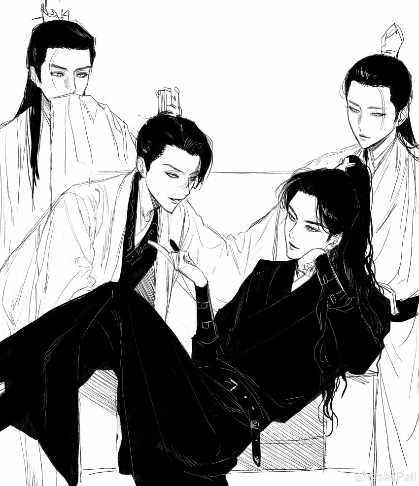4boys absurdres asymmetrical_hair belt belt_buckle bracer buckle character_request chinese_clothes chinese_commentary commentary_request copyright_request couch covering_own_mouth expressionless feet_out_of_frame greyscale hair_ornament hand_on_own_cheek hand_on_own_face hanfu high_ponytail highres leaning_forward lips long_hair long_sleeves looking_at_another male_focus monochrome multiple_belts multiple_boys on_couch parted_lips ponytail robe seapall short_hair sitting sleeves_past_fingers sleeves_past_wrists smile studded_belt topknot watermark wavy_hair weibo_watermark white_background wide_sleeves wrist_belt