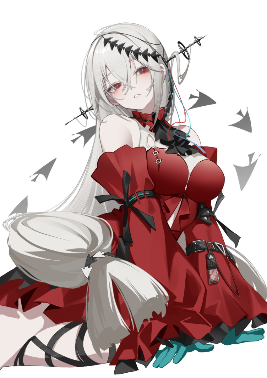 1girl aqua_gloves arknights ascot bare_shoulders black_ascot black_ribbon breasts clothing_cutout detached_collar detached_sleeves dress fish gloves hair_between_eyes hair_ribbon highres leg_ribbon long_hair long_sleeves low-tied_long_hair medium_breasts navel_cutout off-shoulder_dress off_shoulder official_alternate_costume parted_lips paszuto red_dress red_eyes red_ribbon red_sleeves ribbon simple_background sitting skadi_(arknights) skadi_the_corrupting_heart_(arknights) solo strap very_long_hair white_background white_hair yokozuwari