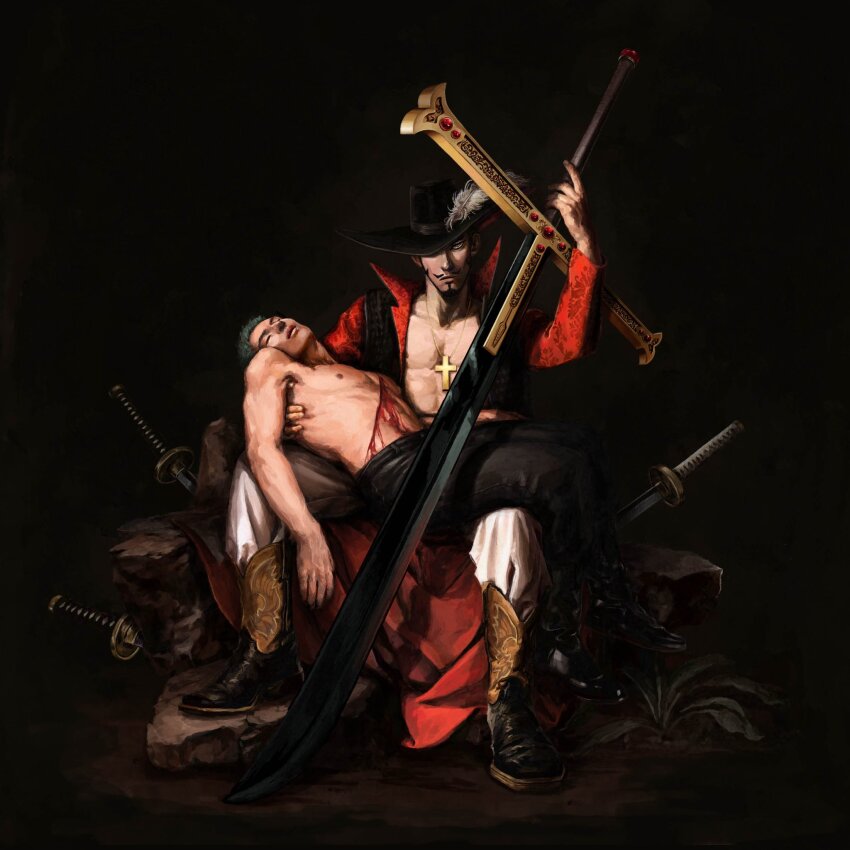 2boys abs black_hair black_hat black_pants blood boots chiaroscuro closed_eyes closed_mouth coat collarbone cowboy_boots cross cross_necklace dark_background dracule_mihawk facial_hair fine_art_parody goatee green_hair hand_on_another&#039;s_back hat hat_feather high_collar highres holding huge_weapon injury jewelry jpeg_artifacts katana lips looking_at_viewer lying_on_lap lying_on_person male_focus mugibaras multiple_boys mustache necklace nipples on_rock one_eye_covered one_piece open_clothes open_shirt pants pants_tucked_in parody pectorals pieta plant realistic rock roronoa_zoro sitting spread_legs sword toned toned_male topless_male unconscious weapon white_pants wide_shot yaoi yoru_(sword)