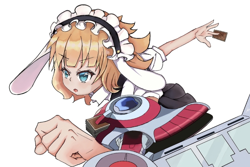 1girl animal_ears bad_anatomy bad_face between_fingers black_skirt blonde_hair blunt_bangs card card_between_fingers chinese_commentary clenched_hand collared_shirt duel_disk fake_animal_ears fleur_de_lapin_uniform foreshortening gochuumon_wa_usagi_desu_ka? highres holding kirima_marisa lop_rabbit_ears maid_headdress medium_hair pleated_skirt rabbit_ears shirt simple_background skirt solo upper_body white_background white_shirt yu-gi-oh! yu-gi-oh!_gx