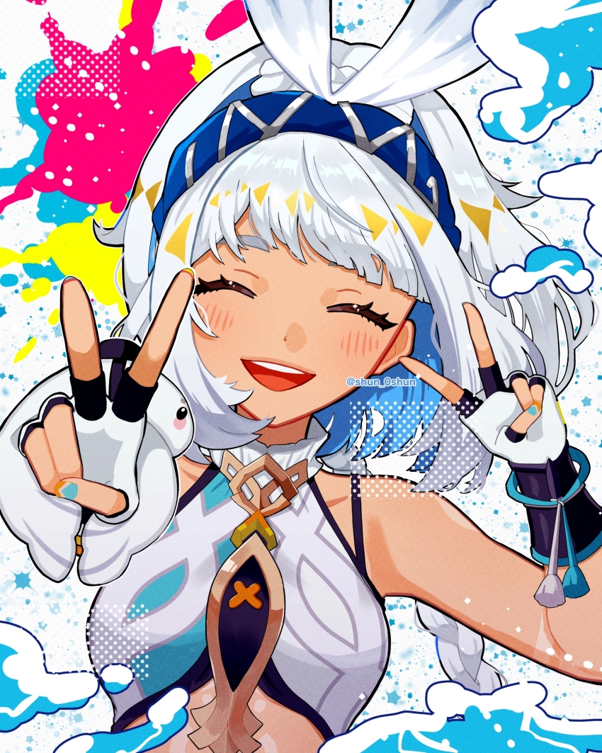 1girl bare_shoulders blue_hairband blue_nails breasts closed_eyes commentary_request dark-skinned_female dark_skin facing_viewer fingerless_gloves genshin_impact gloves hairband highres hoshiki_shunka long_hair mualani_(genshin_impact) open_mouth paint_splatter simple_background smile solo twitter_username upper_body white_background white_gloves white_hair