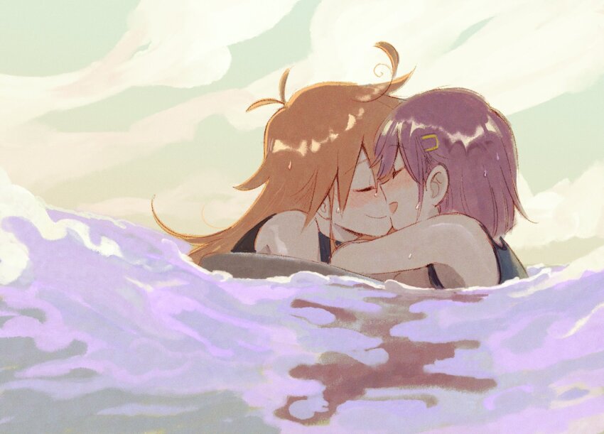 2girls ange_(angeban93) black_one-piece_swimsuit blush closed_eyes closed_mouth commentary day english_commentary flip_flappers hair_ornament hairclip highres kokomine_cocona long_hair multiple_girls one-piece_swimsuit open_mouth orange_hair outdoors papika_(flip_flappers) partially_submerged purple_hair short_hair smile swimsuit yuri