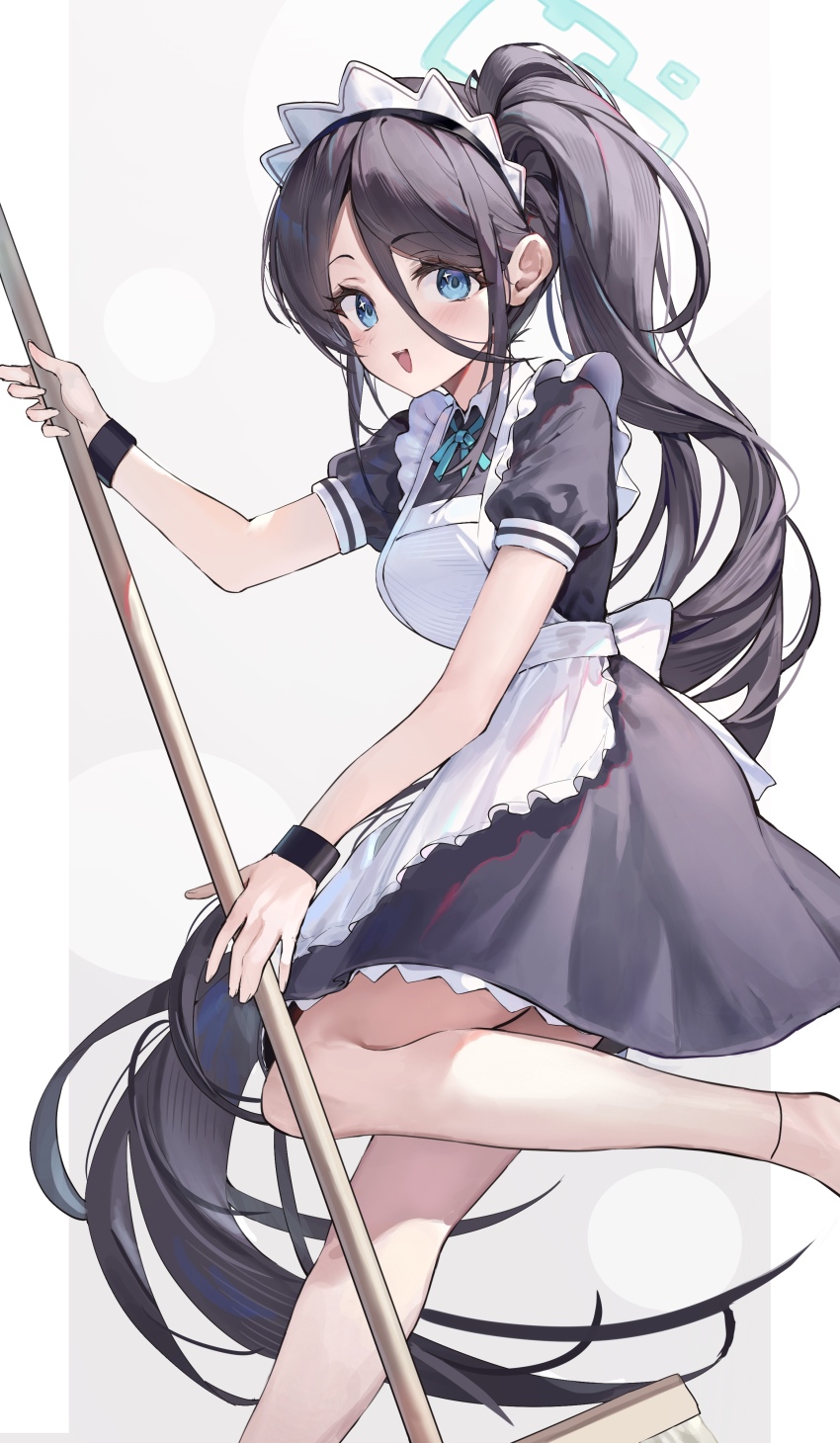 1girl absurdres aris_(blue_archive) black_hair blue_archive blue_eyes highres kabi_(zcwd8845) long_hair maid open_mouth ponytail smile solo