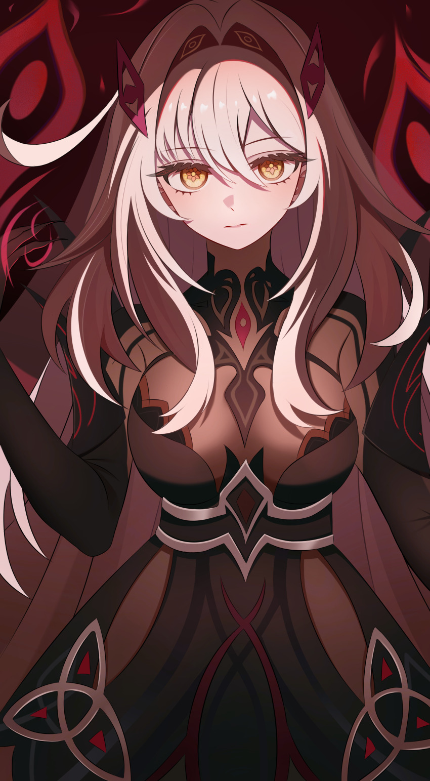 1girl absurdres black_dress bodystocking breasts closed_mouth commentary_request cowlick dress genshin_impact hair_intakes headpiece highres kenomotsu_yukuwa long_hair looking_at_viewer medium_breasts ronova_(genshin_impact) solo star-shaped_pupils star_(symbol) symbol-shaped_pupils thick_eyelashes white_hair yellow_eyes