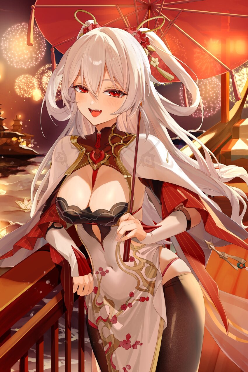 1girl absurdres aerial_fireworks architecture black_pantyhose breasts china_dress chinese_clothes cleavage coat dress east_asian_architecture fireworks highres holding holding_umbrella honkai_(series) honkai_impact_3rd large_breasts long_hair night night_sky official_alternate_costume open_mouth panties panty_straps pantyhose red_eyes red_panties roena sky smile solo theresa_apocalypse theresa_apocalypse_(luna_kindred) theresa_apocalypse_(lunar_vow:_crimson_love) theresa_apocalypse_(redolent_in_red) umbrella underwear very_long_hair white_coat white_dress white_hair
