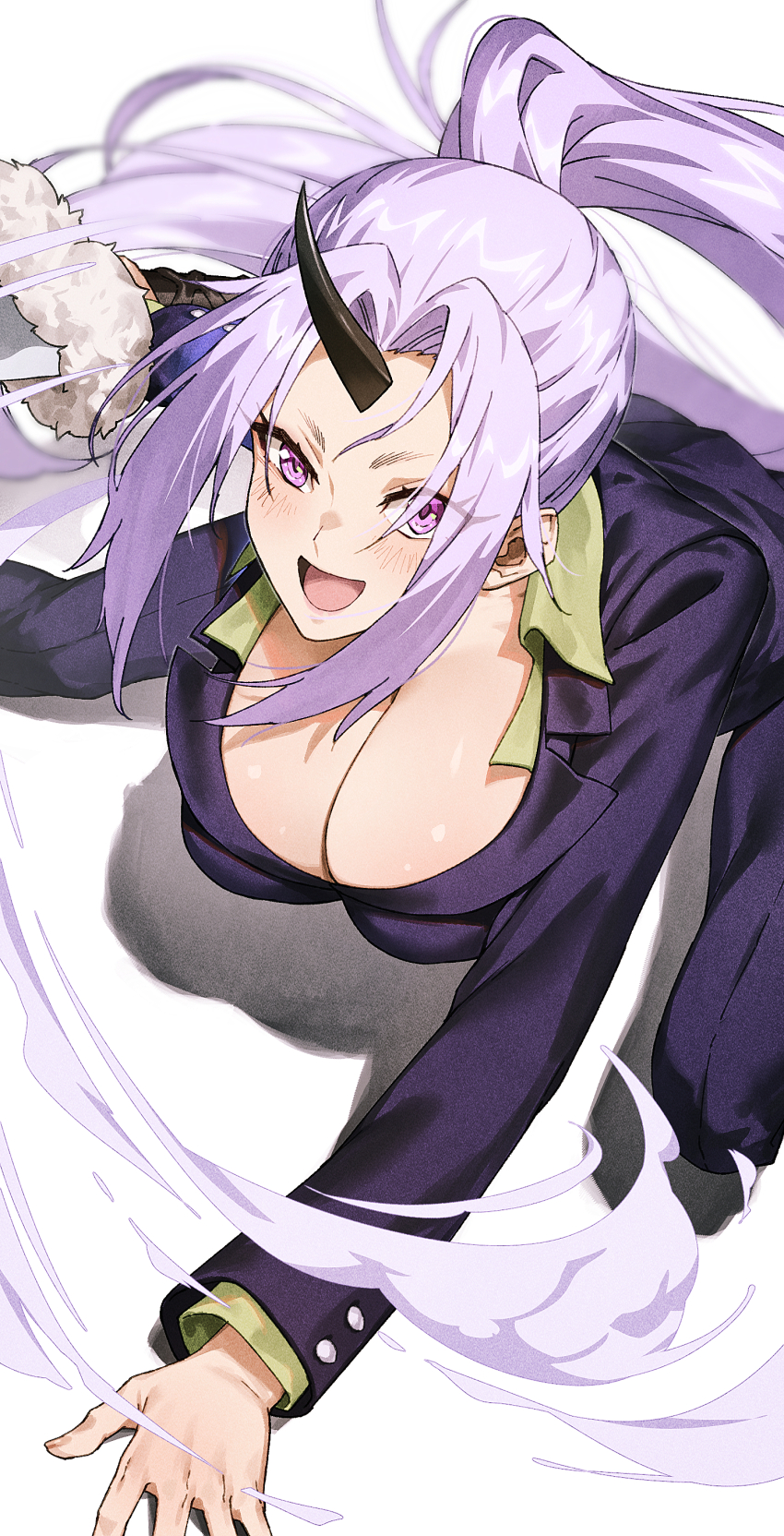 1girl :d absurdres black_horns blush breasts chyko cleavage collared_shirt floating_hair formal_clothes green_shirt highres holding holding_sword holding_weapon horns jacket lapels large_breasts long_hair looking_at_viewer office_lady oni open_mouth pants ponytail purple_eyes purple_hair purple_jacket purple_pants purple_suit shion_(tensura) shirt simple_background single_horn smile smoke solo suit sword tensei_shitara_slime_datta_ken very_long_hair weapon white_background