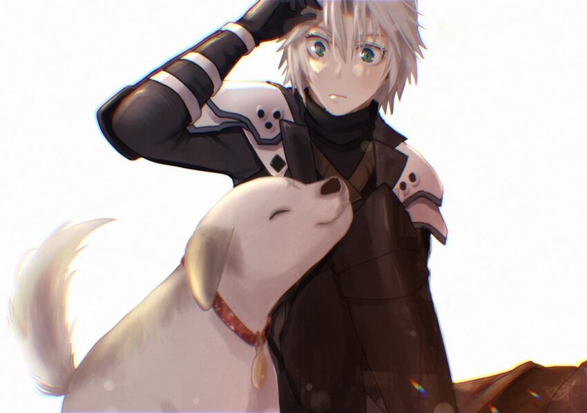 1boy animal_collar aquaetventus arm_armor armor black_boots black_coat black_gloves black_sweater boots coat collar commentary_request dog final_fantasy final_fantasy_vii final_fantasy_vii_ever_crisis gloves green_eyes grey_hair long_sleeves looking_at_another looking_down male_focus medium_hair pauldrons red_collar refu_(ff7ec) sephiroth sephiroth_(ever_crisis) shoulder_armor shoulder_strap simple_background slit_pupils surprised sweater turtleneck turtleneck_sweater upper_body white_background
