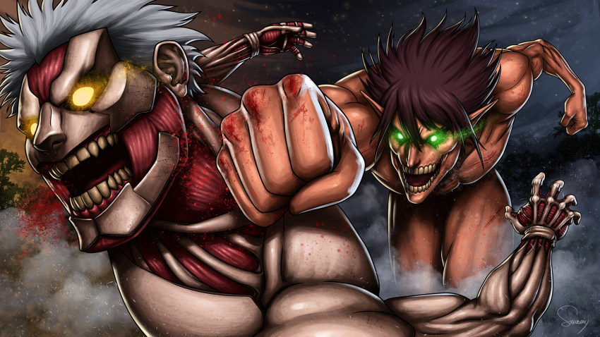2boys armored_titan blood blood_from_mouth blood_on_hands brown_hair glowing glowing_eyes green_eyes highres male_focus multiple_boys muscular open_mouth pointy_ears punching rogue_titan sam_delatore shingeki_no_kyojin signature silver_hair titan_(shingeki_no_kyojin) yellow_eyes