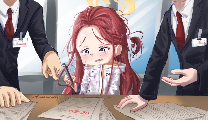 1girl 2boys artist_name black_jacket blazer blue_archive blush braid commentary crying crying_with_eyes_open english_commentary forehead formal_clothes french_braid halo highres holding holding_pen hood hooded_jacket id_card indoors jacket long_hair long_sleeves messy_hair middovah multiple_boys name_connection necktie nintendo one_side_up open_mouth pen pun purple_eyes red_hair red_necktie solo_focus suit tears upper_body white_jacket window yellow_halo yuzu_(blue_archive) yuzu_(emulator)