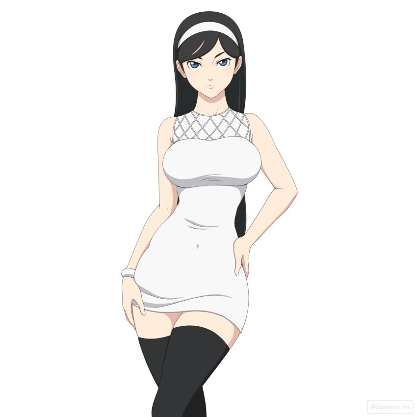 1girl absurdres black_hair black_thighhighs blue_eyes daemonhx dress hairband highres kumashiro_maya seikimatsu_occult_gakuin thighhighs white_dress