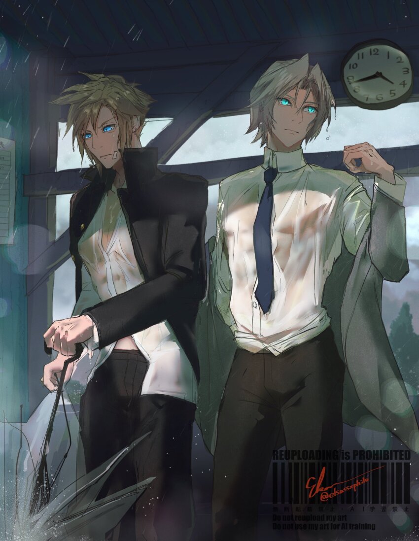 2boys aqua_eyes bandaid bandaid_on_cheek bandaid_on_face black_jacket black_pants blonde_hair blue_eyes blue_necktie bus_stop clock cloud_strife cloud_strife_(midgard_seventh_high_school) collared_shirt cowboy_shot delinquent elsass final_fantasy final_fantasy_vii final_fantasy_vii_ever_crisis furrowed_brow gakuran grey_hair grey_jacket hair_between_eyes highres holding holding_umbrella jacket jacket_partially_removed male_focus midriff_peek multiple_boys necktie official_alternate_costume pants parted_bangs rain school_uniform sephiroth sephiroth_(ever_crisis) sephiroth_(shinra_private_academy) shirt short_hair signature slit_pupils spiked_hair suit_jacket twitter_username umbrella wet wet_clothes white_shirt