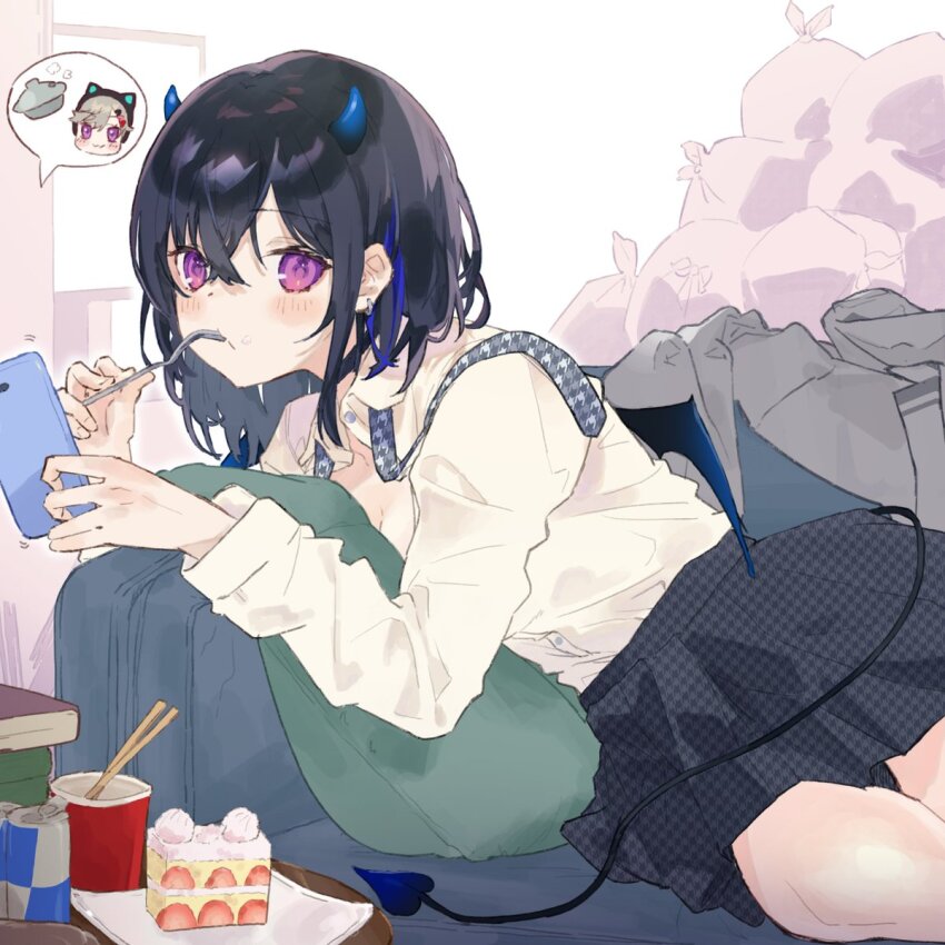 1girl bat_wings black_choker black_hair black_skirt blue_horns blush bossun_(laetus) cake cake_slice chibi chibi_inset choker chopsticks collared_shirt commentary couch crossed_bangs cup disposable_cup dress_shirt earrings food fork grey_jacket grey_necktie hair_between_eyes heart heart_tail highres holding holding_fork holding_phone horns ichinose_uruha ichinose_uruha_(6th_costume) jacket jewelry komori_met long_sleeves loose_necktie lupinus_virtual_games lying medium_hair multicolored_hair necktie on_couch on_side parted_lips phone pillow plaid_clothes plaid_skirt purple_eyes round_table shirt shirt_tucked_in skirt small_horns solo strawberry_shortcake streaked_hair table tail trash_bag unworn_jacket virtual_youtuber vspo! white_shirt wings
