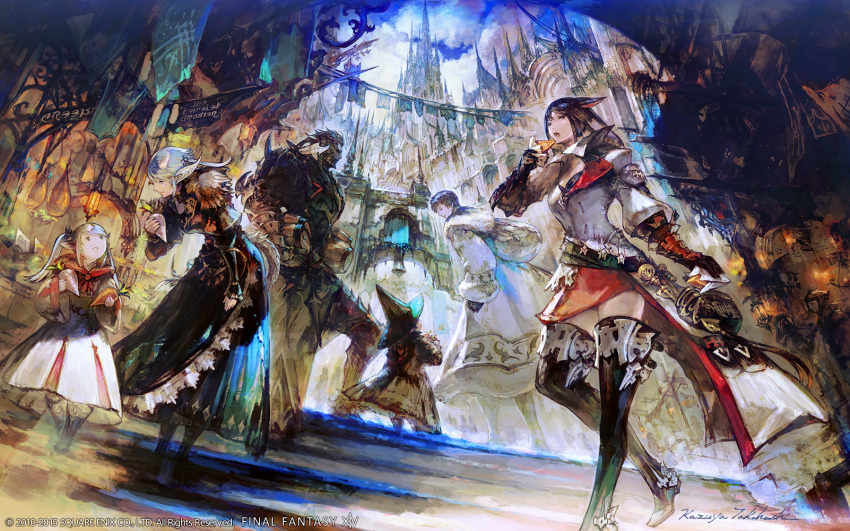 3boys 3girls animal_ears arch armor au_ra bag barrel belt black_dress black_footwear black_hair black_headwear blonde_hair blue_hair boots breastplate brown_hair carrot cat_ears city cloud coat copyright_name copyright_notice day dragon_horns dragon_tail dress dutch_angle eating eye_contact final_fantasy final_fantasy_xiv food fur-trimmed_coat fur_trim gauntlets greaves hair_ornament hat highres holding holding_food holding_vegetable horns hyur jacket lalafell lamp leaning_forward long_hair looking_at_another miqo&#039;te multiple_boys multiple_girls official_art open_mouth outdoors pauldrons pointy_ears radish red_skirt scenery short_hair shoulder_armor sign signature skirt sky spire standing storefront tail takahashi_kazuya thigh_boots tower twintails vegetable walking warrior_of_light_(ff14) white_coat white_jacket witch_hat x_hair_ornament