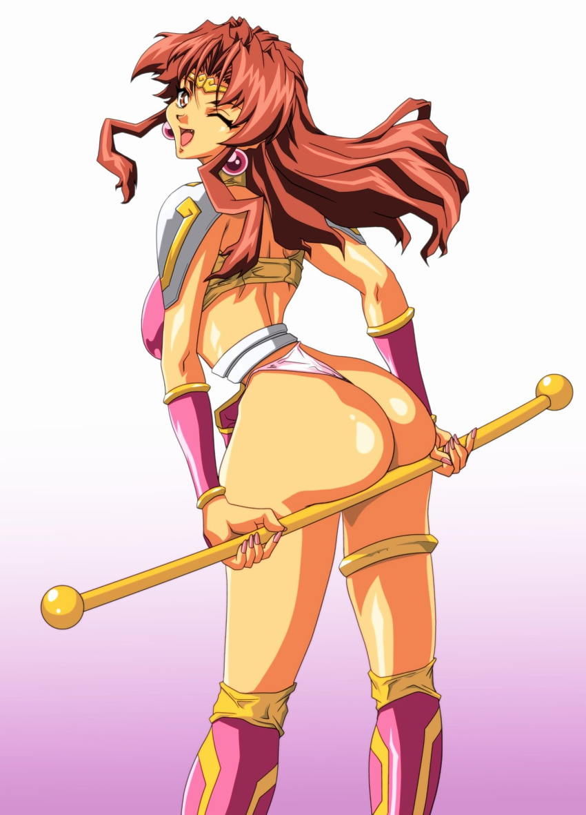 1990s_(style) 1girl ass ass_focus brown_hair choujin_gakuen_gowcaizer fang fang_out fighting_game g-string game high_boots highres mitake_2000 one_eye_closed retro_artstyle smile solo son_karin staff stick technos technos_japan thong wink
