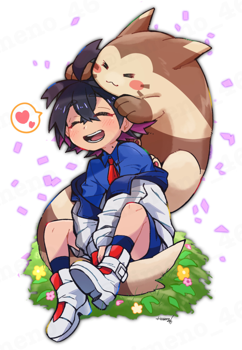 1boy :3 black_hair blue_shirt blue_socks blush closed_eyes confetti crossed_bangs flower full_body furret gen_2_pokemon hair_between_eyes heart highres himeshiro_(himeno_46) jacket kieran_(pokemon) long_sleeves male_focus mole mole_on_neck nintendo off_shoulder open_mouth orange_flower pink_flower pokemon pokemon_(creature) pokemon_sv purple_hair shirt shoes shorts simple_background sitting socks spoken_heart white_footwear yellow_flower