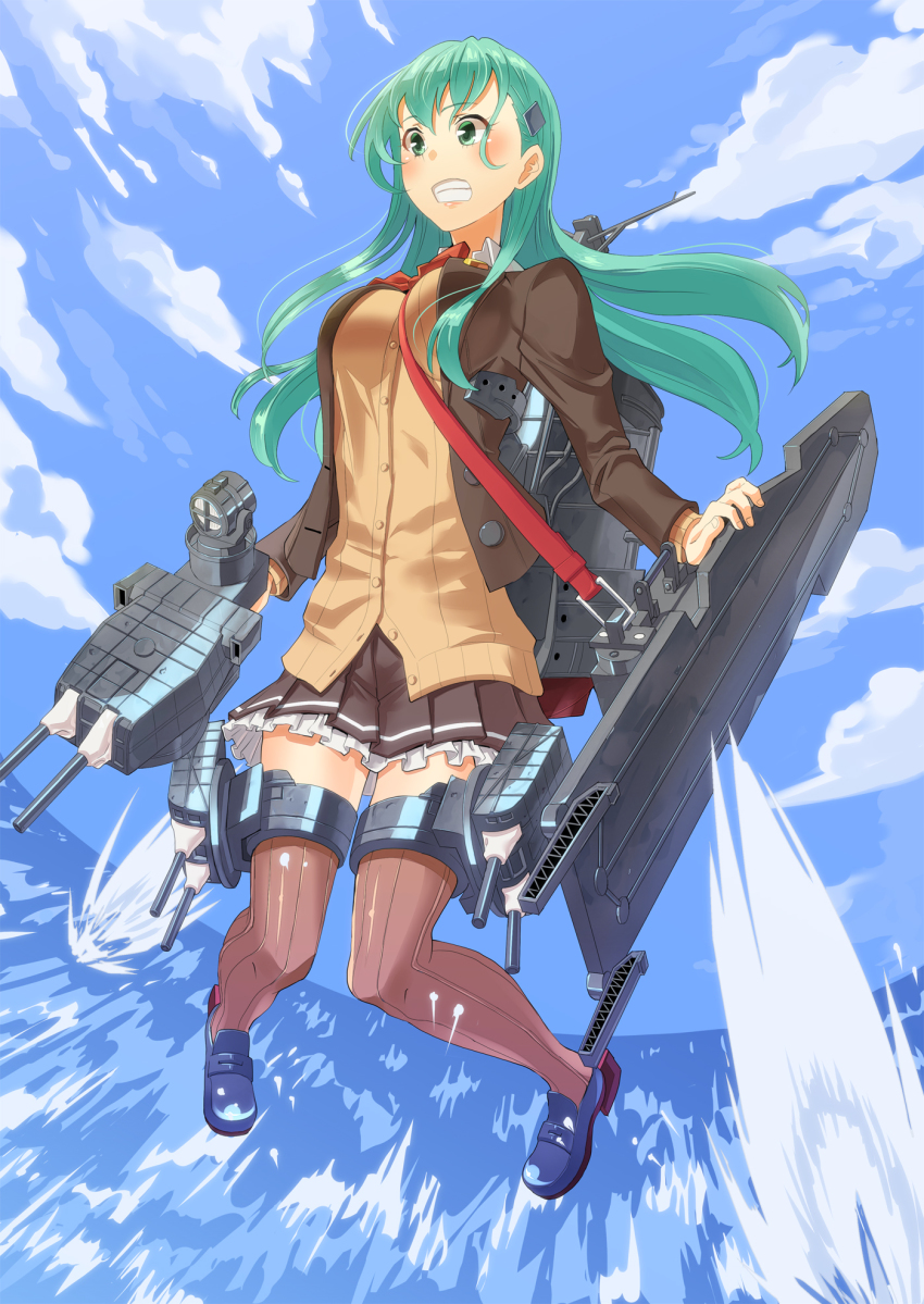 10s 1girl aqua_eyes aqua_hair bad_id bad_pixiv_id brown_legwear cannon cardigan cloud day female_focus flight_deck fujimo_ruru highres kantai_collection long_hair machinery remodel_(kantai_collection) school_uniform ship_turret solo suzuya_(kancolle) teeth water