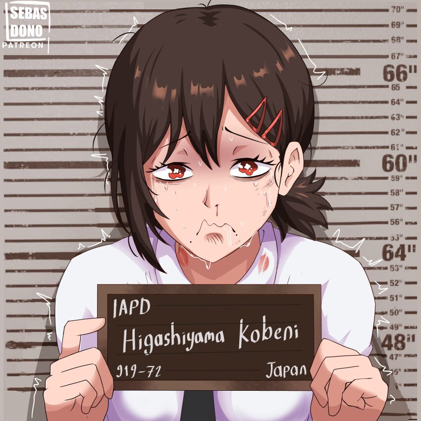 1girl absurdres artist_name barbie_(franchise) barbie_(live_action) barbie_mugshot_(meme) black_necktie brown_hair chainsaw_man character_name frown hair_ornament hairclip hands_up higashiyama_kobeni highres holding holding_sign lipstick_mark lipstick_mark_on_neck looking_at_viewer meme mugshot name_tag necktie patreon_username ponytail sebasdono shirt short_ponytail sign solo straight-on sweat tearing_up trembling wavy_mouth white_shirt