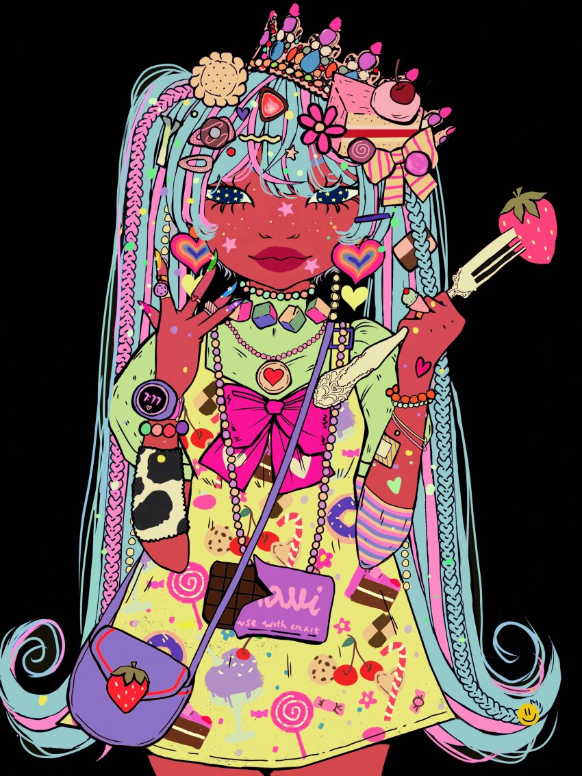 1girl 777lenalli absurdres alternate_costume alternate_skin_color aqua_eyes aqua_hair bag blacktober braid cake_print cherry_print cookie_print decora donut_print food food_print fork forked_eyebrows fruit fruit_print handbag hatsune_miku highres ice_cream_print jewelry long_hair looking_at_viewer multicolored_hair necklace pink_hair shirt smile solo strawberry streaked_hair twintails upper_body very_long_hair vocaloid