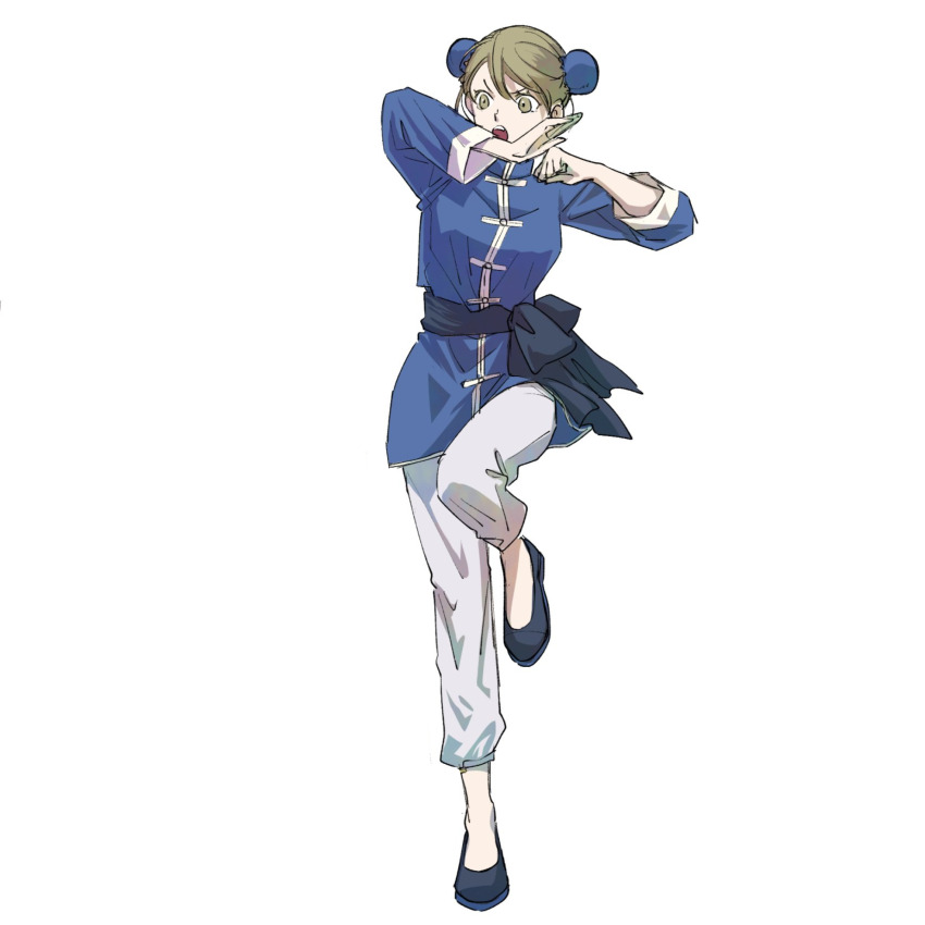 1girl absurdres china_dress chinese_clothes double_bun dress fighting fighting_stance hair_bun highres kicking kokoro_no_koibito kung_fu long_sleeves martial_arts monk original panties underwear