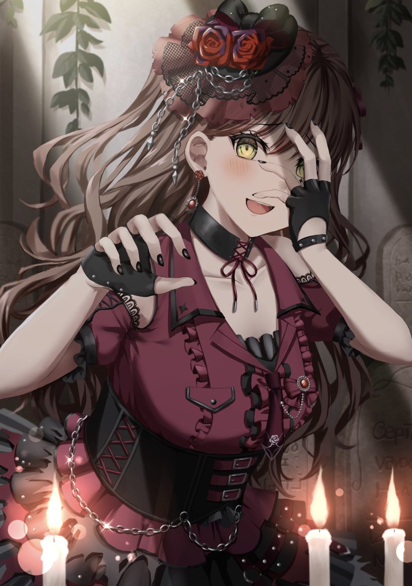 1girl :d arm_cuffs arms_up bang_dream! belt black_choker black_gloves black_hat black_nails brown_hair candle chain chain_belt choker commentary corset covering_one_eye crazy crazy_eyes dress earrings eyelashes fingerless_gloves flower gloves hand_over_eye hat hat_chain highres imai_lisa indoors ivy jewelry lace lace-trimmed_dress lace-trimmed_headwear lace_trim lens_flare long_hair looking_at_viewer mia_(fai1510) nail_polish open_mouth pocket red_dress red_flower red_rose rose sleeveless sleeveless_dress smile solo teeth tombstone top_hat upper_body upper_teeth_only yellow_eyes