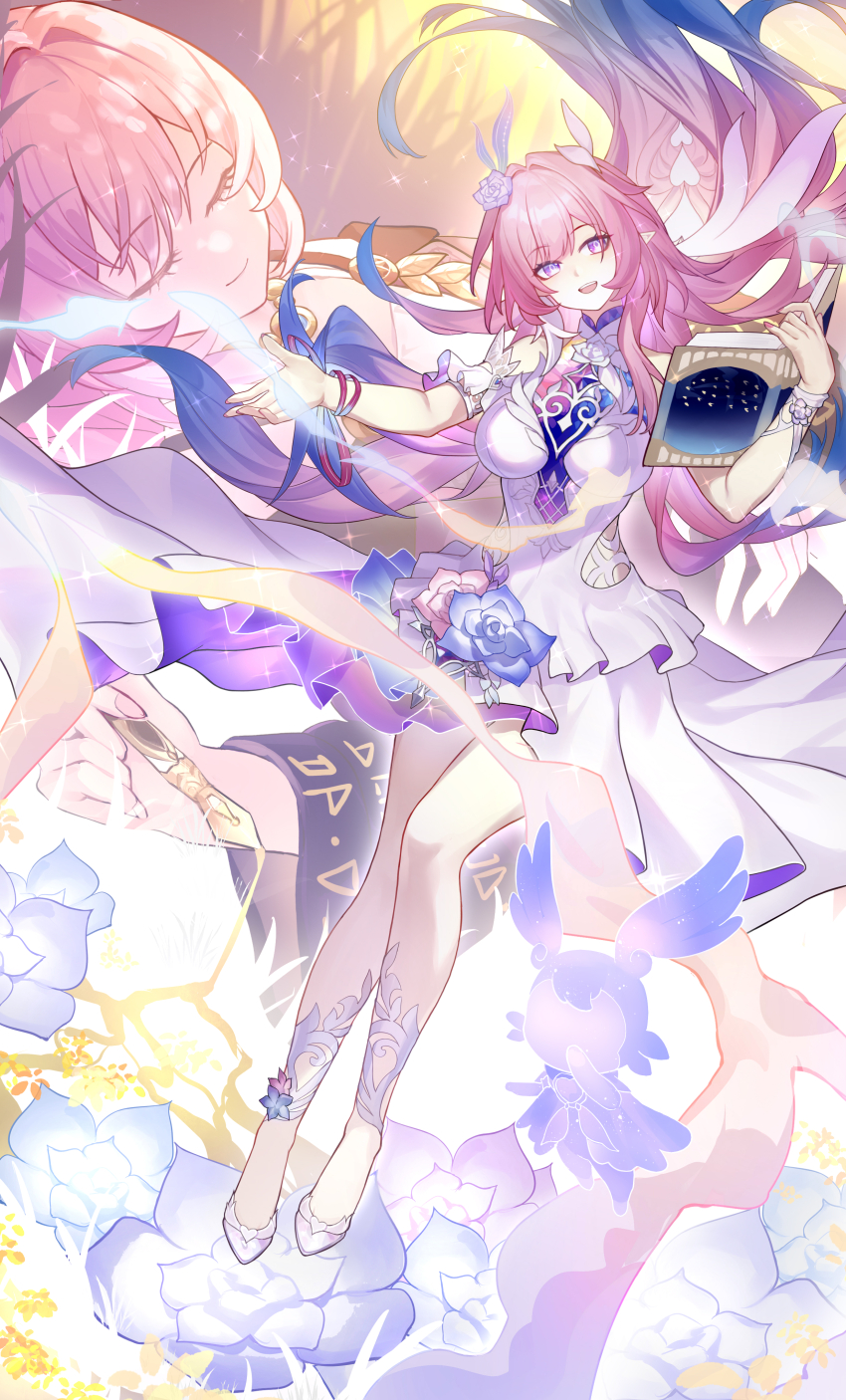 1girl 2girls absurdres bare_shoulders book breasts chinese_commentary closed_eyes commentary_request cyrene_(aedes_elysiae)_(honkai:_star_rail) cyrene_(honkai:_star_rail) cyrene_(ripples_of_past_reverie)_(honkai:_star_rail) diamond-shaped_pupils diamond_(shape) dress dual_persona flower hair_flower hair_ornament high_heels highres holding holding_book honkai:_star_rail honkai_(series) jewelry kather large_breasts long_hair mem_(honkai:_star_rail) multicolored_hair multiple_girls necklace open_mouth pink_hair pointy_ears purple_eyes smile solo symbol-shaped_pupils two-tone_hair very_long_hair white_dress white_hair