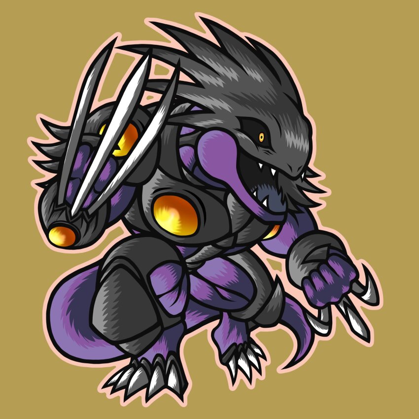 alien alien_stealthbuster armor chibi claws duel_monster exoskeleton fang fangs highres jaw mandibles monster monster_focus no_humans open_mouth sharp_teeth shoulder_armor simple_background teeth thigh_armor tk_moai_create wrist_blades yellow_eyes yu-gi-oh!