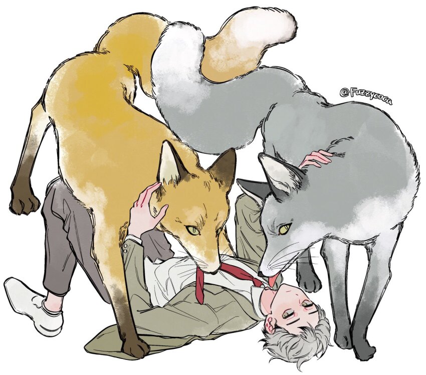 1boy animal animalization arm_up black_hair brown_jacket buttoned_cuffs buttons chinese_commentary closed_mouth coco_(238243) collared_shirt colored_tips commentary_request dress_shoes fox grey_eyes grey_hair grey_pants haikyuu!! jacket kita_shinsuke lapels layered_sleeves long_sleeves looking_to_the_side lying male_focus miya_atsumu miya_osamu mouth_hold multicolored_hair necktie necktie_in_mouth on_back open_clothes open_jacket pants red_necktie shirt shoes sideways_glance simple_background suit_jacket tongue tongue_out twitter_username white_background white_shirt white_shoes wing_collar yellow_eyes
