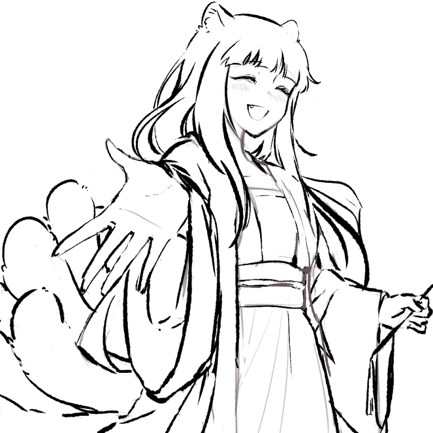 1girl :d alternate_costume alternate_hairstyle animal_ears beizi_(clothing) blush chinese_clothes closed_eyes fang feiren_zai fox_ears fox_tail greyscale ink_wash_painting jiuyue_(feiren_zai) lineart long_hair long_sleeves monochrome multiple_tails open_mouth sash simple_background sketch smile solo tail tangguo_butianbusuan white_background wide_sleeves